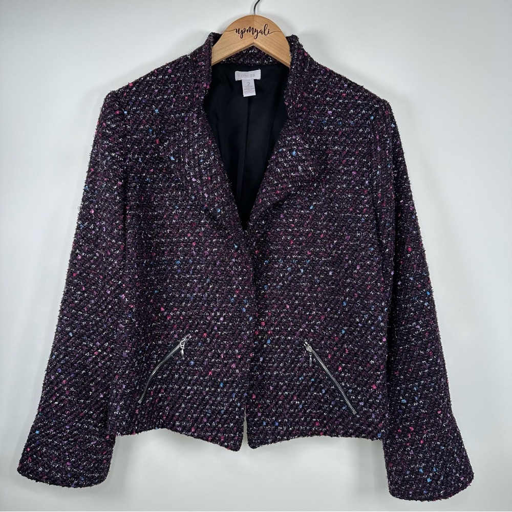 Chico's Open Front Metallic Eyelash Tweed Blazer Jacket Black Purple Large